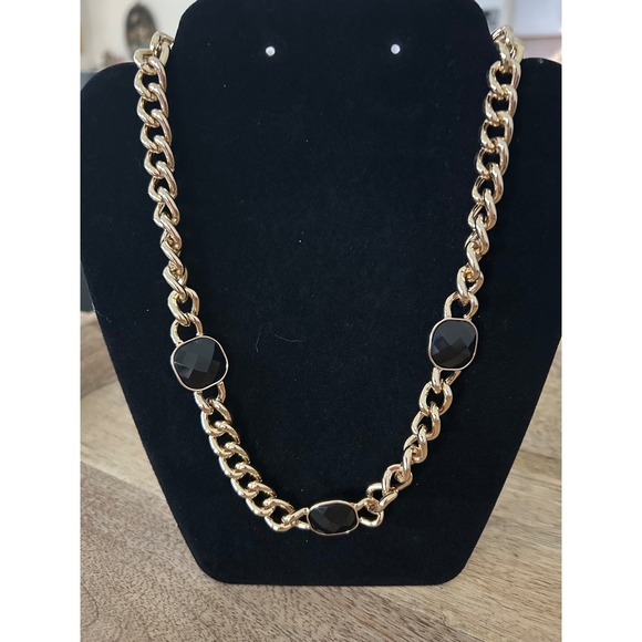 Jewelry - Gold Tone Chunky Curb Chain Necklace with Black Stone Accents Statement Jewelry